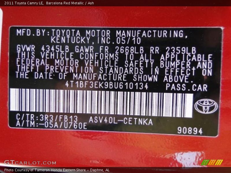 Barcelona Red Metallic / Ash 2011 Toyota Camry LE