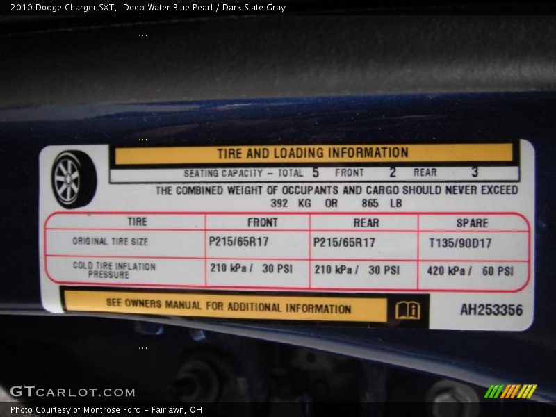 Deep Water Blue Pearl / Dark Slate Gray 2010 Dodge Charger SXT
