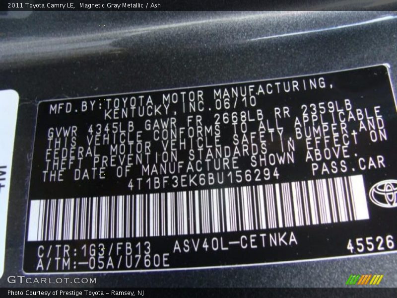 Magnetic Gray Metallic / Ash 2011 Toyota Camry LE