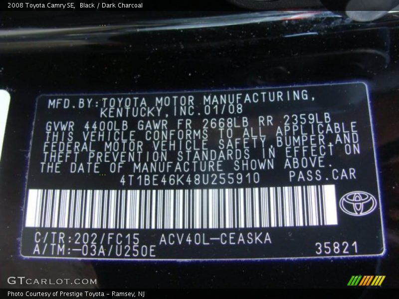 Black / Dark Charcoal 2008 Toyota Camry SE