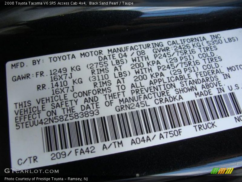 Black Sand Pearl / Taupe 2008 Toyota Tacoma V6 SR5 Access Cab 4x4