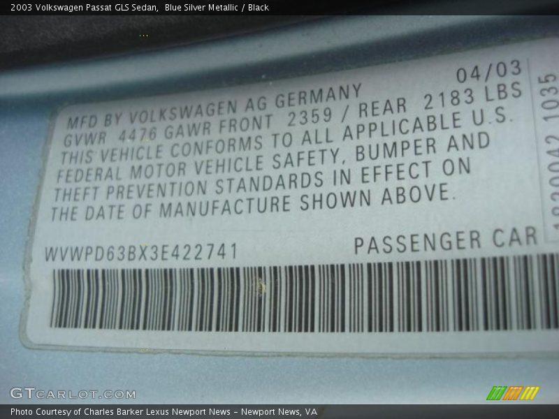 Blue Silver Metallic / Black 2003 Volkswagen Passat GLS Sedan