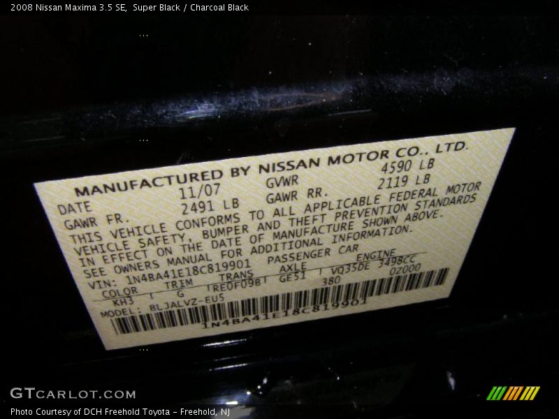 Super Black / Charcoal Black 2008 Nissan Maxima 3.5 SE