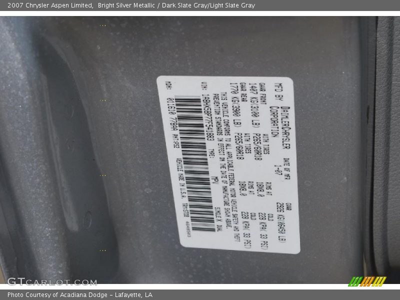 Bright Silver Metallic / Dark Slate Gray/Light Slate Gray 2007 Chrysler Aspen Limited