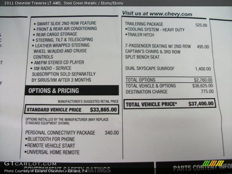 Steel Green Metallic / Ebony/Ebony 2011 Chevrolet Traverse LT AWD