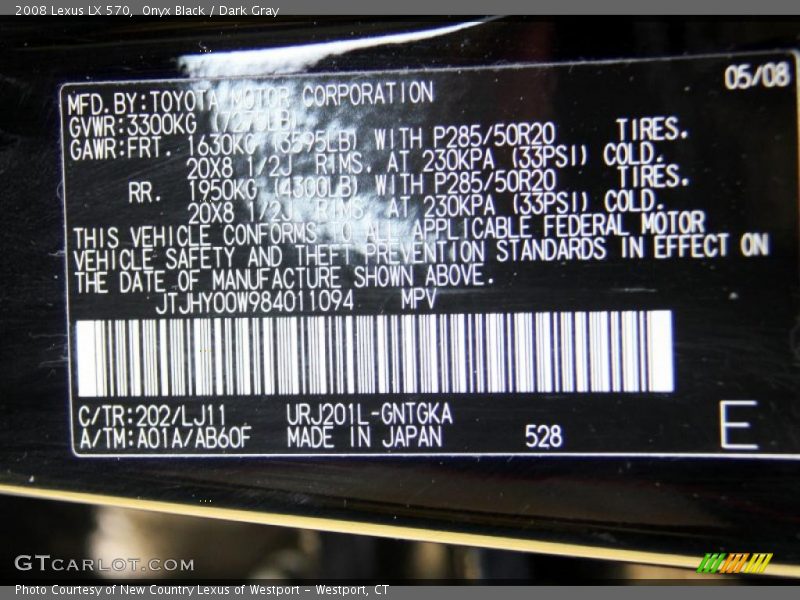 2008 LX 570 Onyx Black Color Code 202