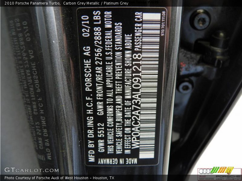 Carbon Grey Metallic / Platinum Grey 2010 Porsche Panamera Turbo