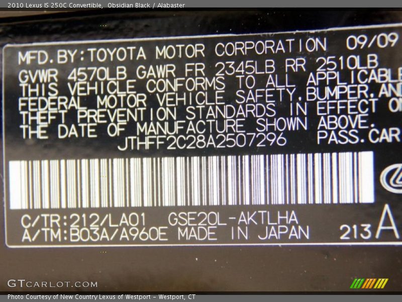 2010 IS 250C Convertible Obsidian Black Color Code 212