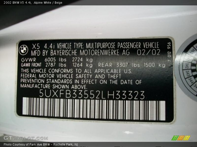 Info Tag of 2002 X5 4.4i