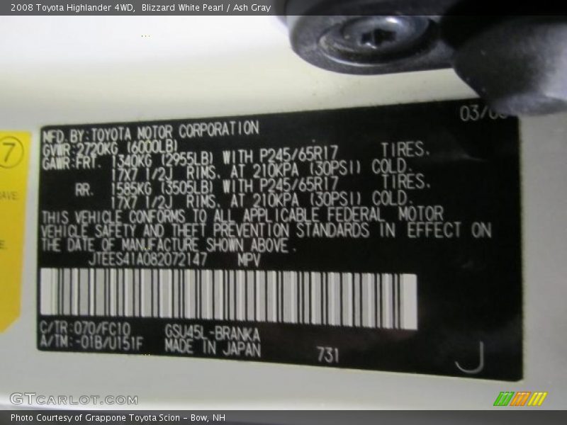 Blizzard White Pearl / Ash Gray 2008 Toyota Highlander 4WD