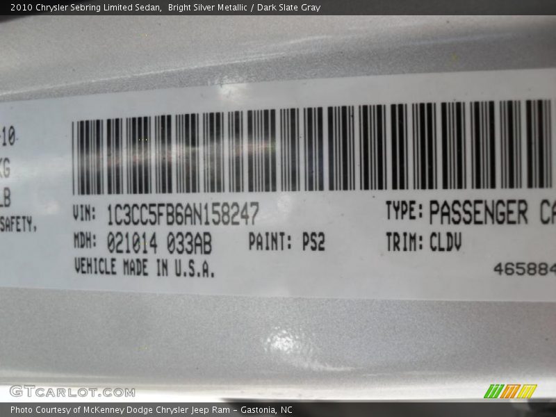 Bright Silver Metallic / Dark Slate Gray 2010 Chrysler Sebring Limited Sedan