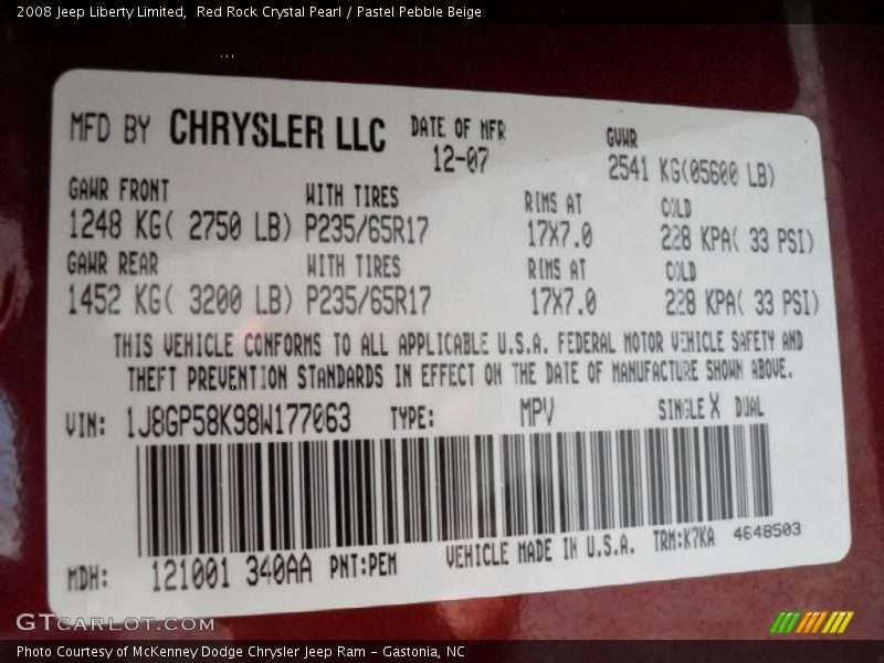 2008 Liberty Limited Red Rock Crystal Pearl Color Code PEM