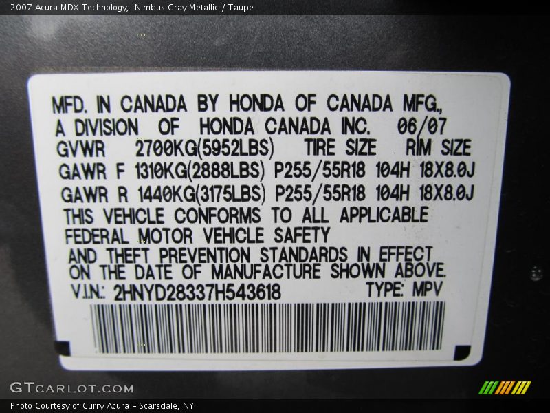 Nimbus Gray Metallic / Taupe 2007 Acura MDX Technology