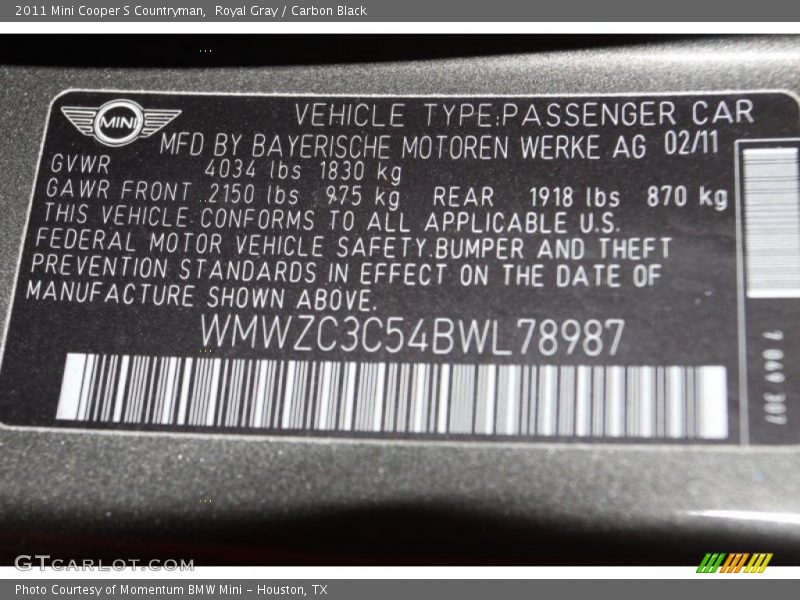 Royal Gray / Carbon Black 2011 Mini Cooper S Countryman