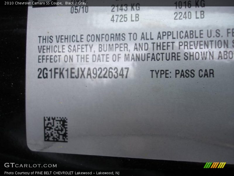 Black / Gray 2010 Chevrolet Camaro SS Coupe