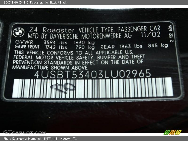 Jet Black / Black 2003 BMW Z4 3.0i Roadster