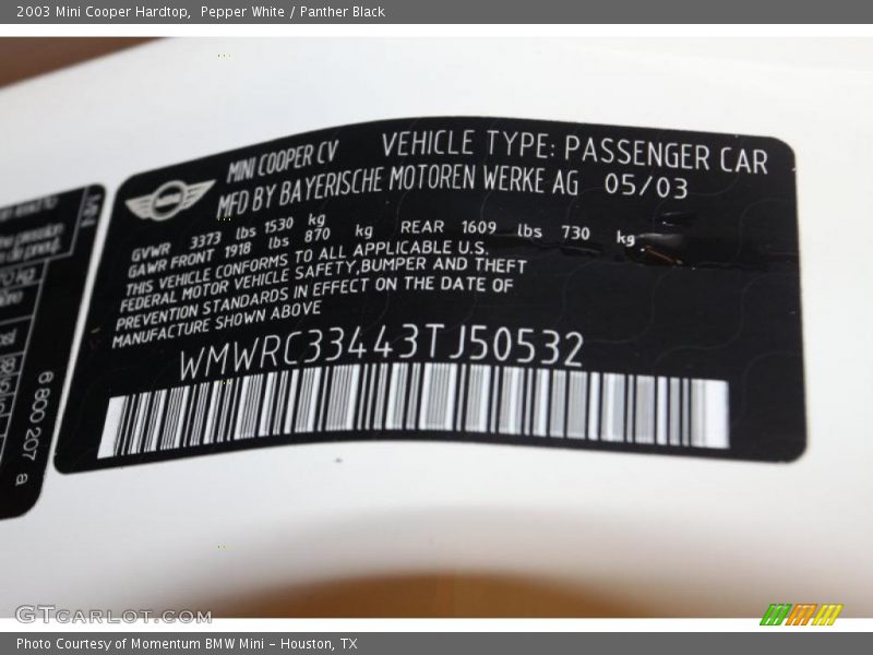 Pepper White / Panther Black 2003 Mini Cooper Hardtop