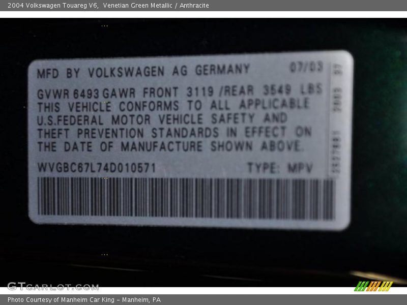 Venetian Green Metallic / Anthracite 2004 Volkswagen Touareg V6