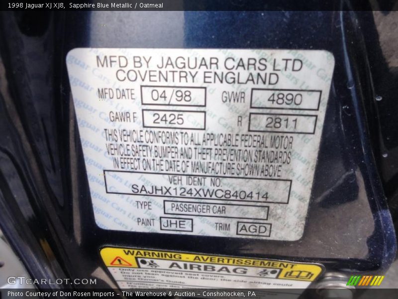 1998 XJ XJ8 Sapphire Blue Metallic Color Code JHE