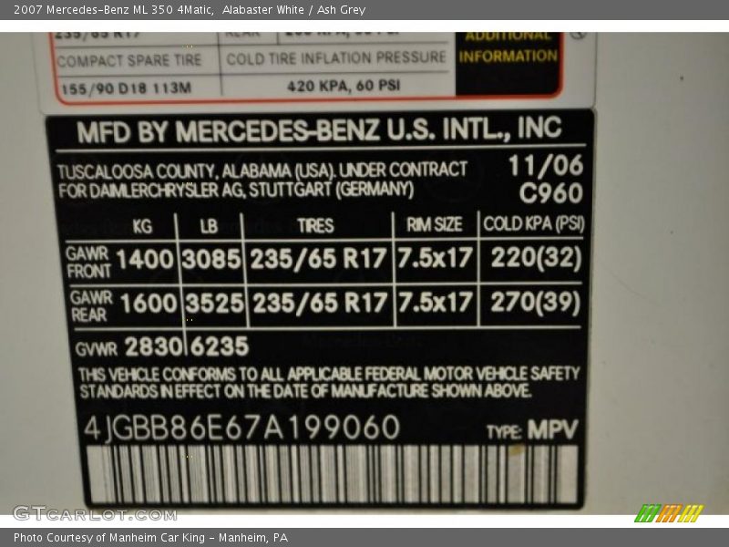 Alabaster White / Ash Grey 2007 Mercedes-Benz ML 350 4Matic