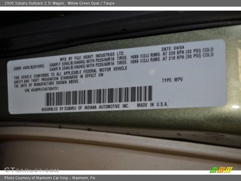Willow Green Opal / Taupe 2005 Subaru Outback 2.5i Wagon