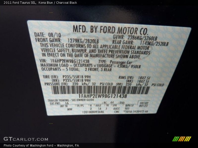 Kona Blue / Charcoal Black 2011 Ford Taurus SEL