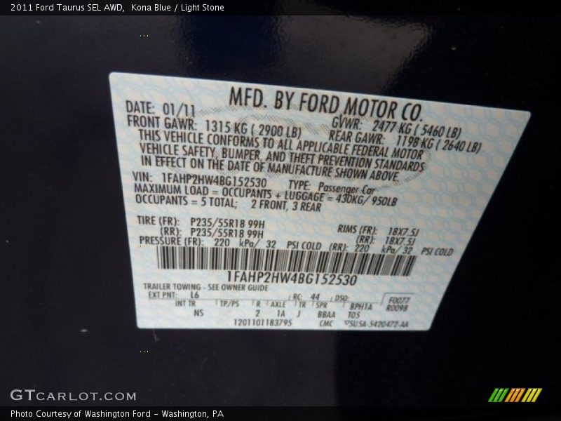 2011 Taurus SEL AWD Kona Blue Color Code L6