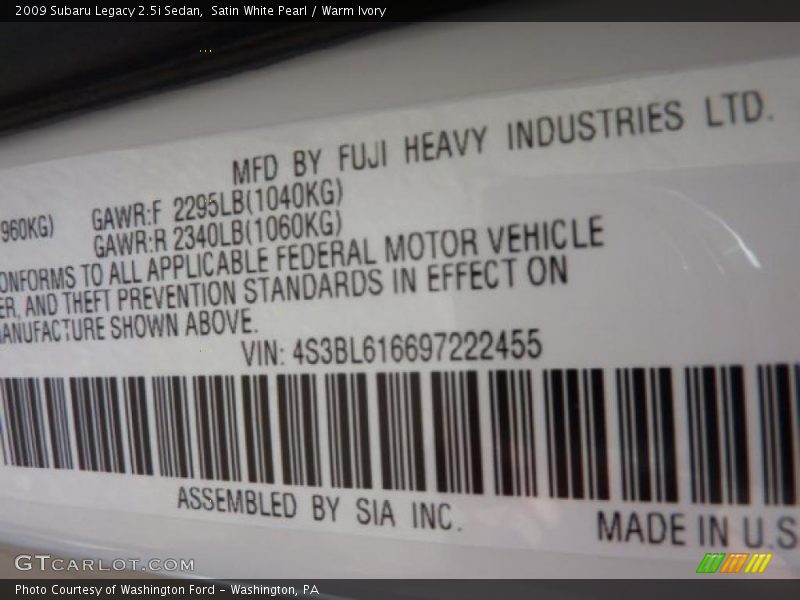 Satin White Pearl / Warm Ivory 2009 Subaru Legacy 2.5i Sedan