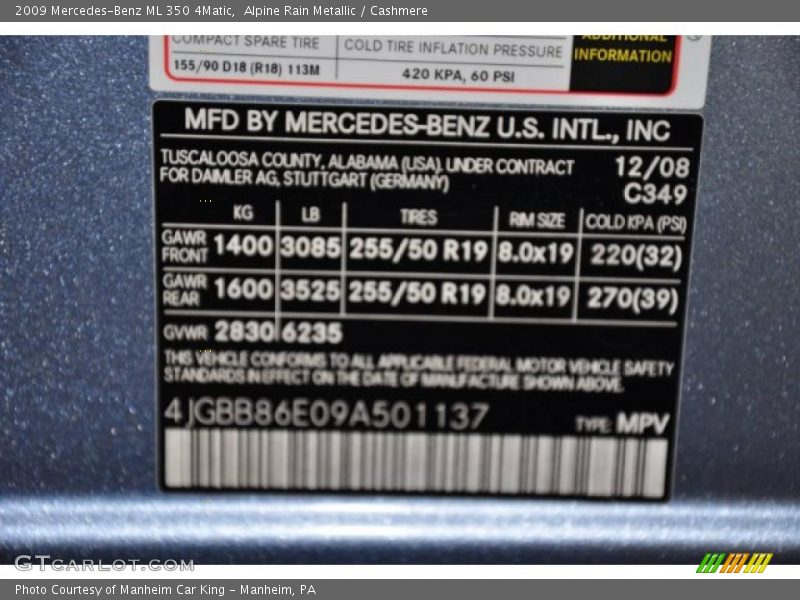 2009 ML 350 4Matic Alpine Rain Metallic Color Code 349