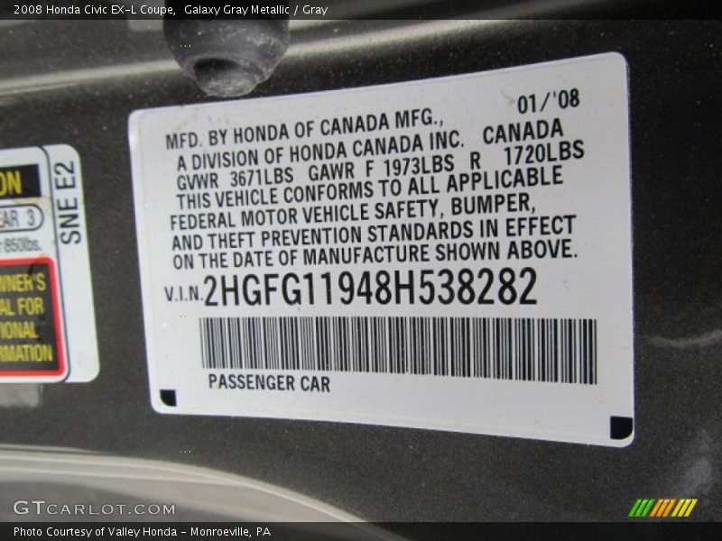 Info Tag of 2008 Civic EX-L Coupe