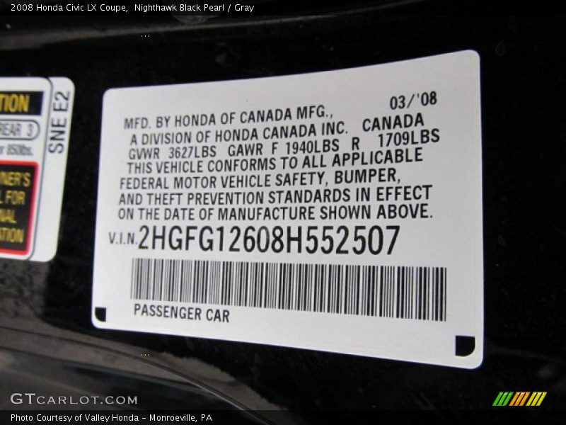 Nighthawk Black Pearl / Gray 2008 Honda Civic LX Coupe