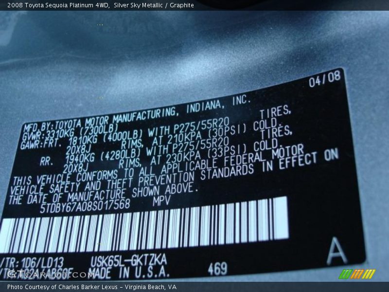 2008 Sequoia Platinum 4WD Silver Sky Metallic Color Code 1D6