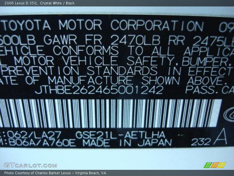 Crystal White / Black 2006 Lexus IS 350