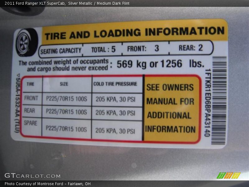 Info Tag of 2011 Ranger XLT SuperCab