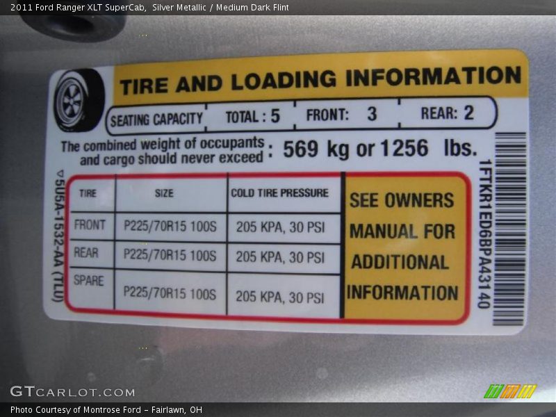 Info Tag of 2011 Ranger XLT SuperCab