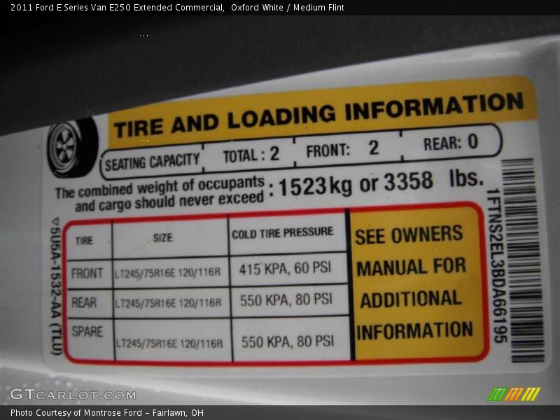 Info Tag of 2011 E Series Van E250 Extended Commercial