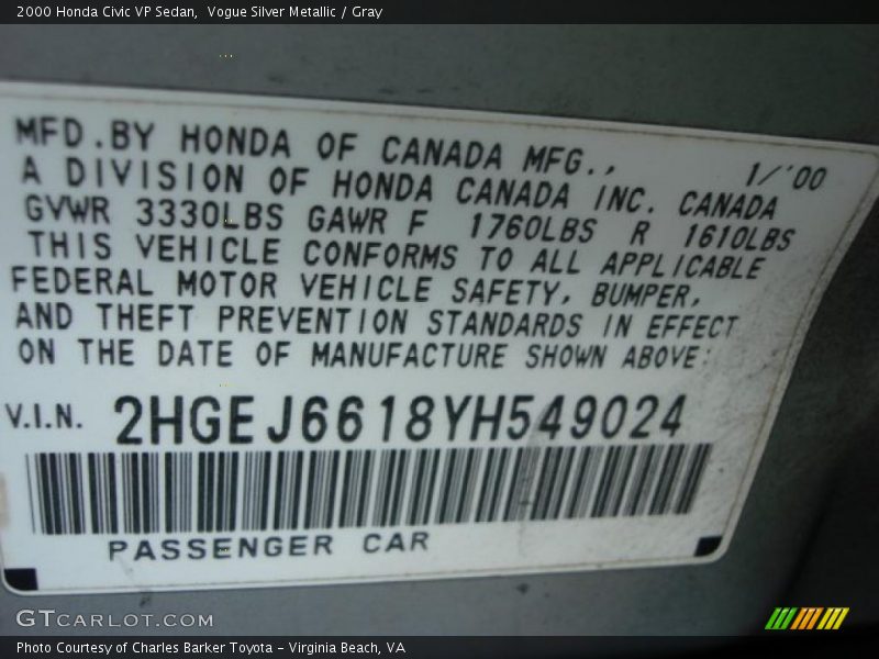 Vogue Silver Metallic / Gray 2000 Honda Civic VP Sedan