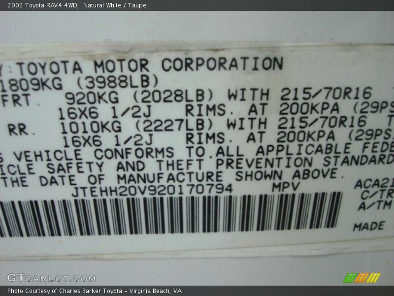 Natural White / Taupe 2002 Toyota RAV4 4WD