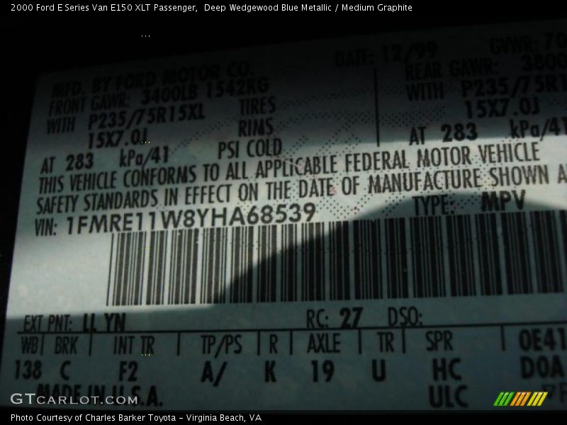 Deep Wedgewood Blue Metallic / Medium Graphite 2000 Ford E Series Van E150 XLT Passenger