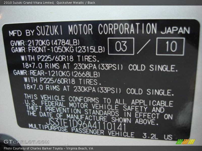 Quicksilver Metallic / Black 2010 Suzuki Grand Vitara Limited