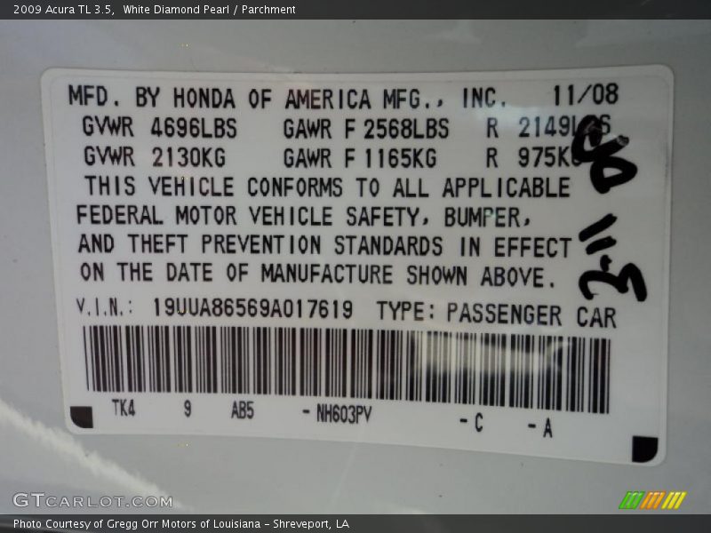White Diamond Pearl / Parchment 2009 Acura TL 3.5