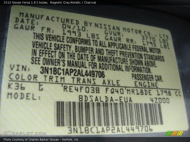 2010 Versa 1.8 S Sedan Magnetic Gray Metallic Color Code K36