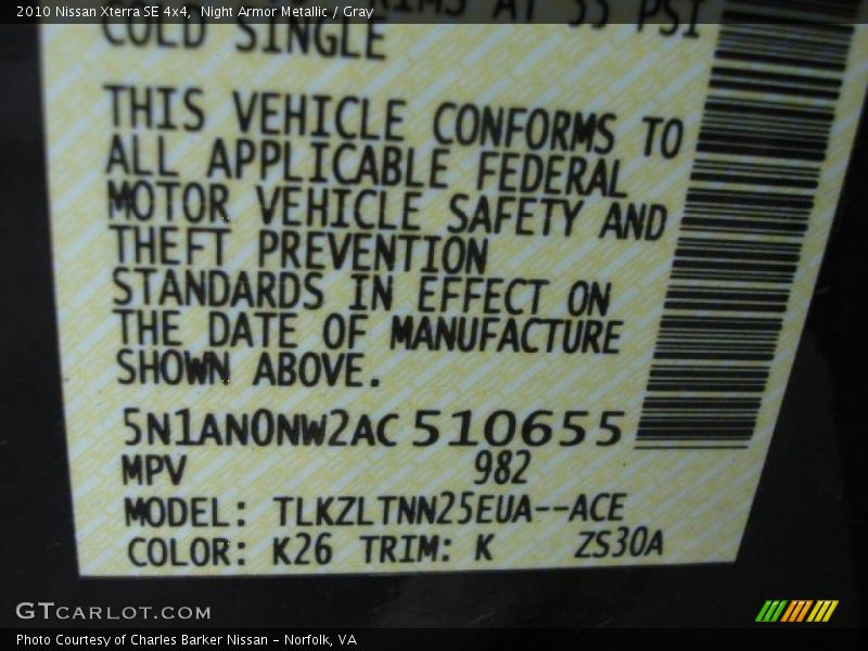 2010 Xterra SE 4x4 Night Armor Metallic Color Code K26