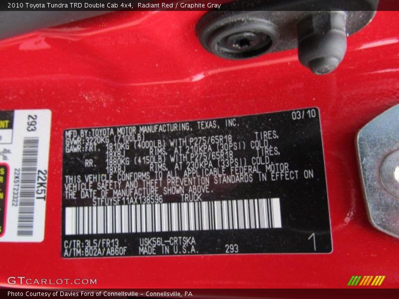 2010 Tundra TRD Double Cab 4x4 Radiant Red Color Code 3L5