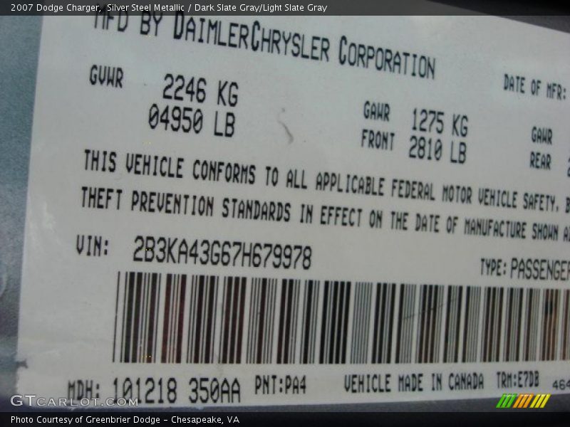 Silver Steel Metallic / Dark Slate Gray/Light Slate Gray 2007 Dodge Charger