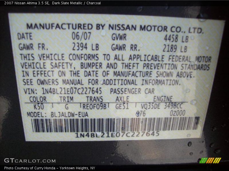 Dark Slate Metallic / Charcoal 2007 Nissan Altima 3.5 SE