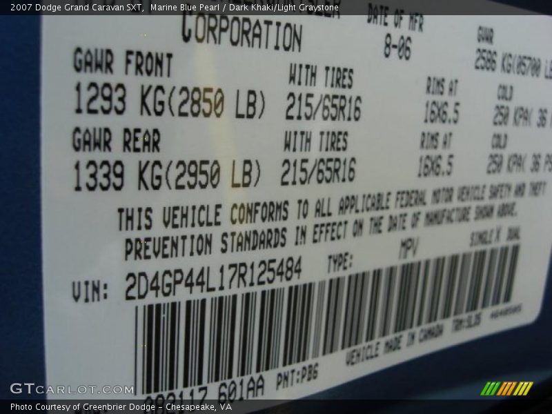 Marine Blue Pearl / Dark Khaki/Light Graystone 2007 Dodge Grand Caravan SXT