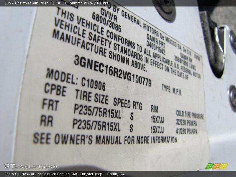 Info Tag of 1997 Suburban C1500 LT