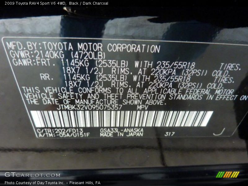 Black / Dark Charcoal 2009 Toyota RAV4 Sport V6 4WD