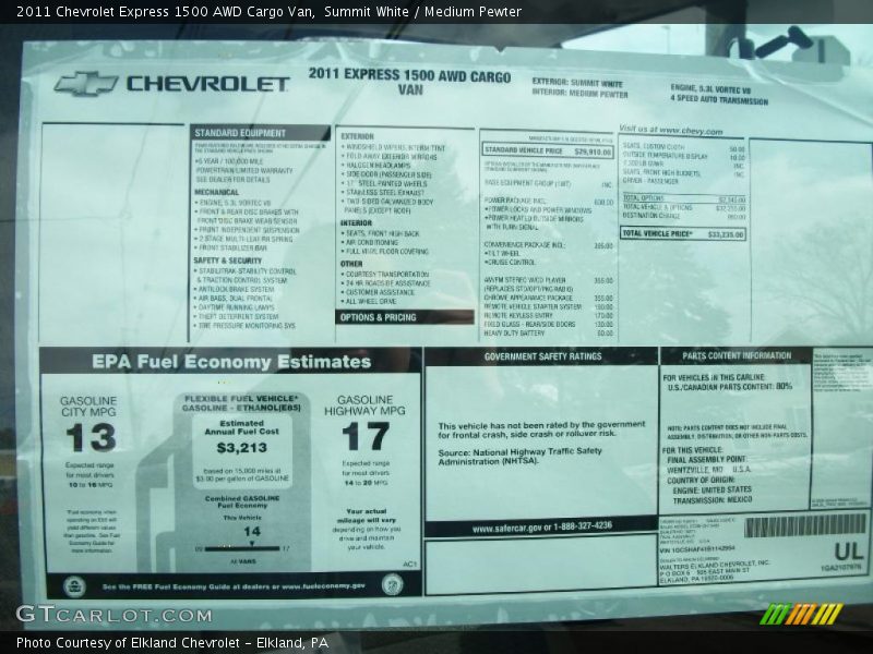  2011 Express 1500 AWD Cargo Van Window Sticker